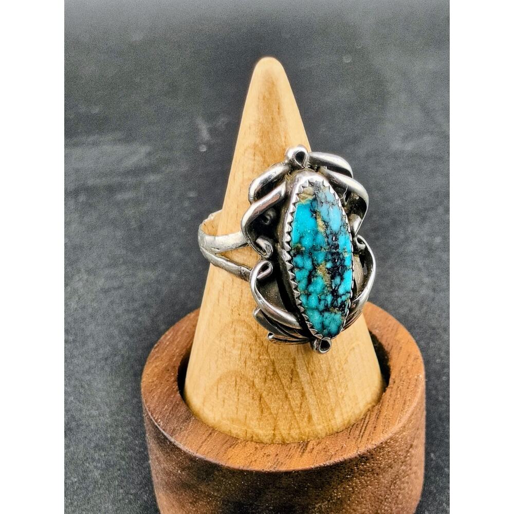 Vintage Sterling Silver Turquoise Marquise Statement Ring Size 6.5 Boho 7g